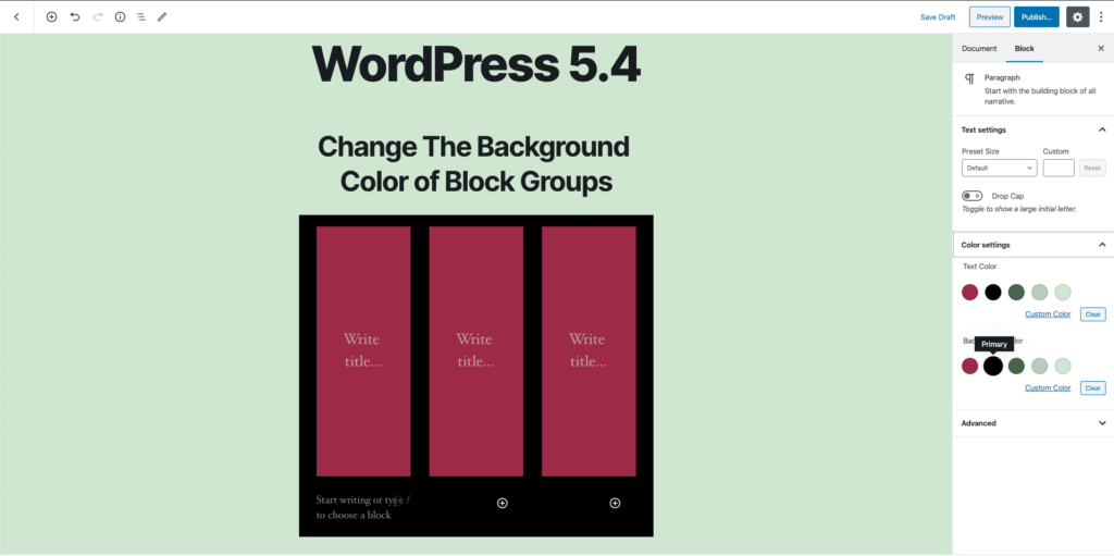 WordPress 5.4 - block background color