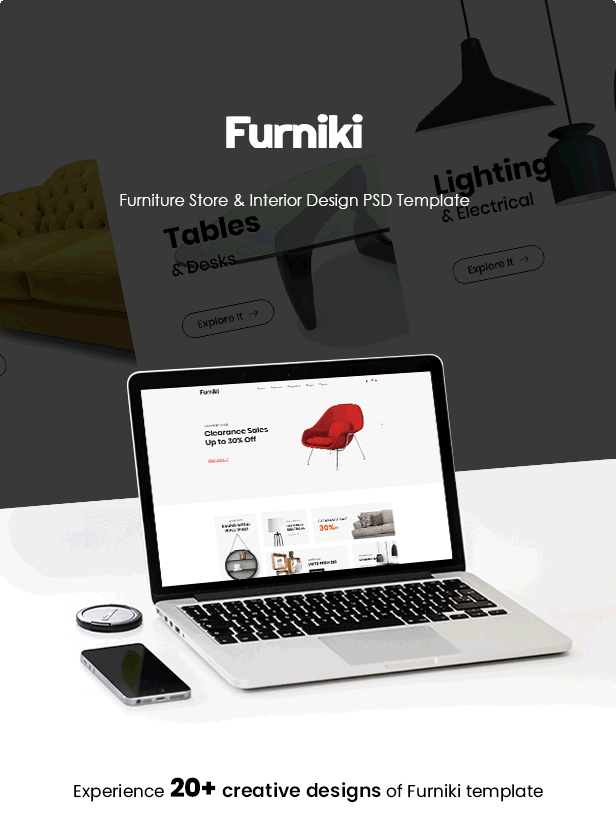 Furniki - 家具店和室内设计 PSD 模板（已准备好移动布局）