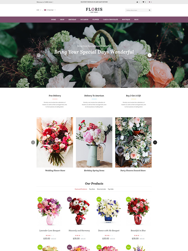 Free Flower Shop WooCommerce WordPress Theme - Floris| WPThemeGo